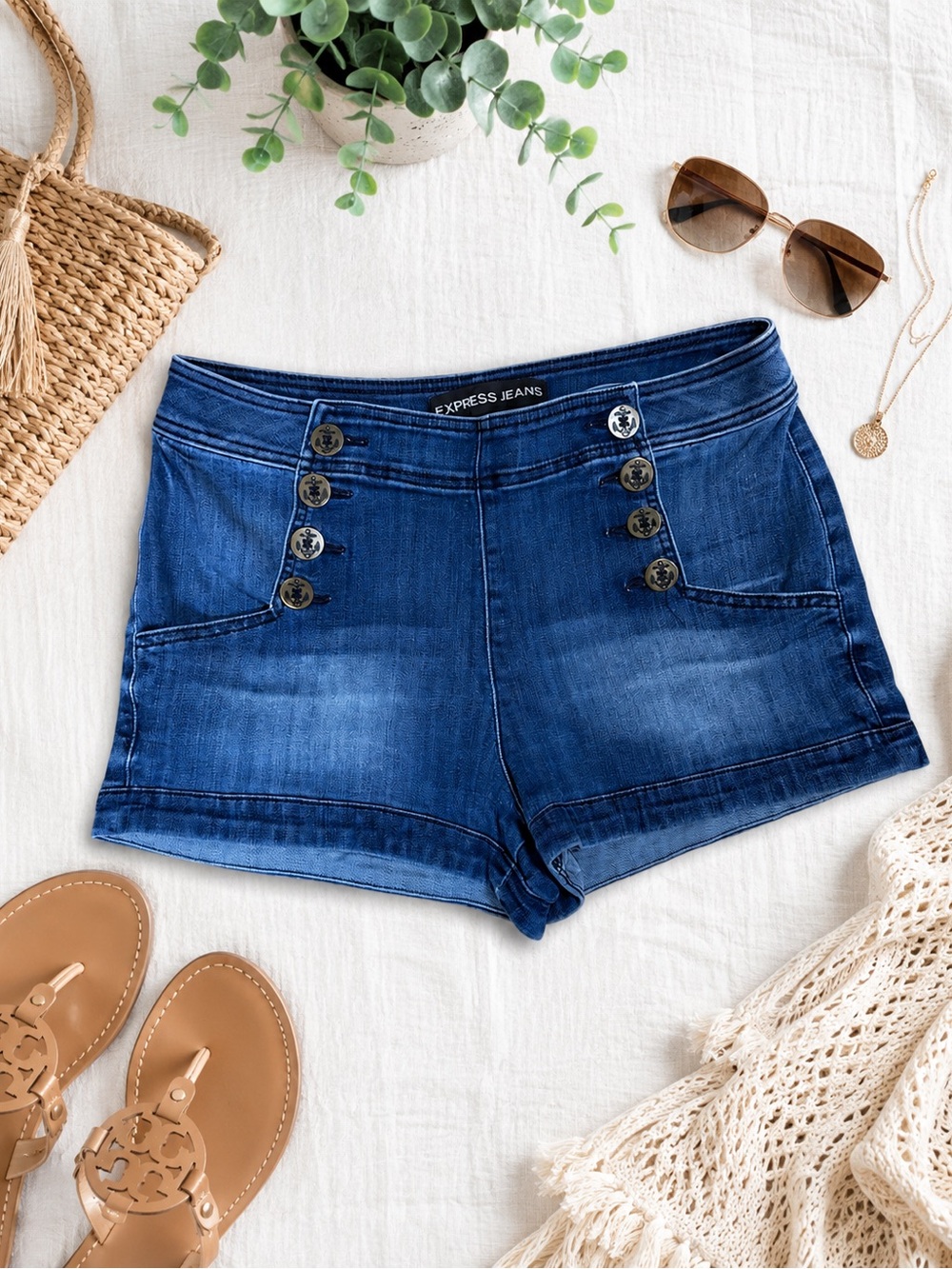 Express Jeans Sailor Button Dark Blue Denim Shorts